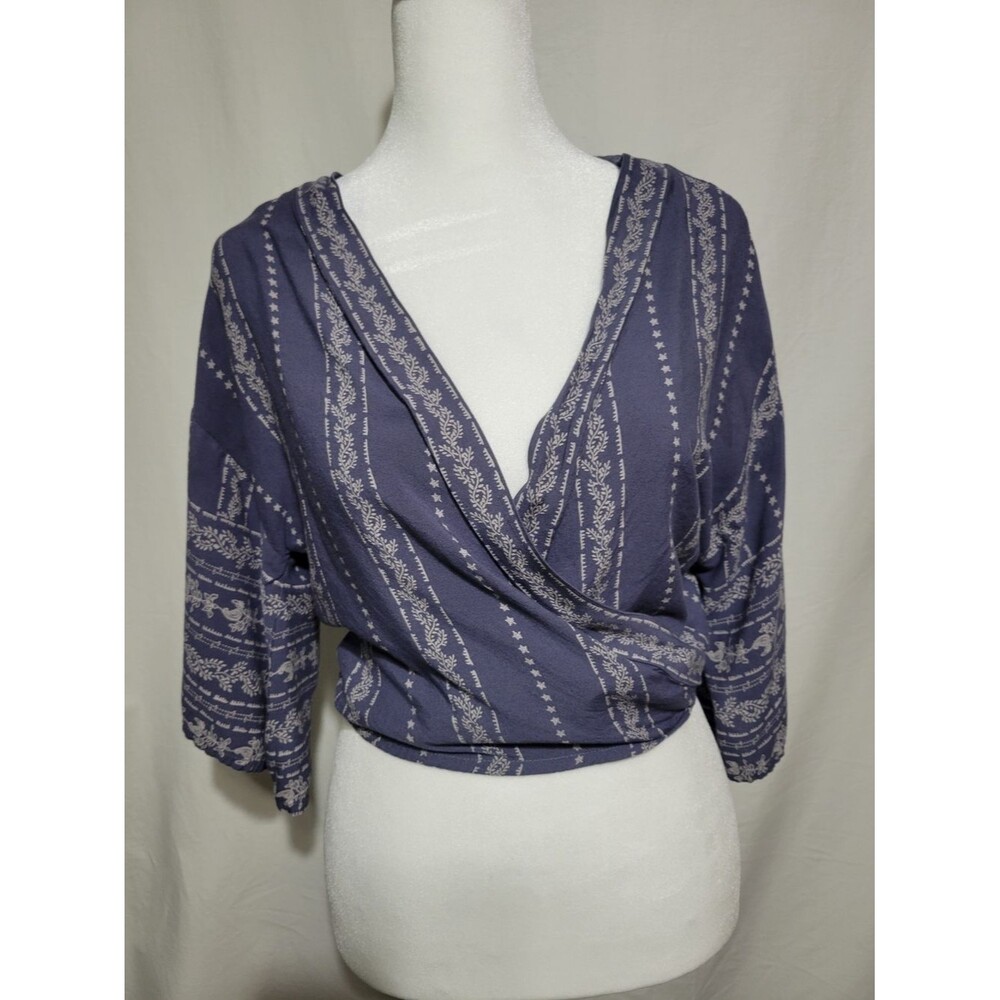 Japna Navy Blue Wrap-Style Cropped Top with Cream Pattern Boho